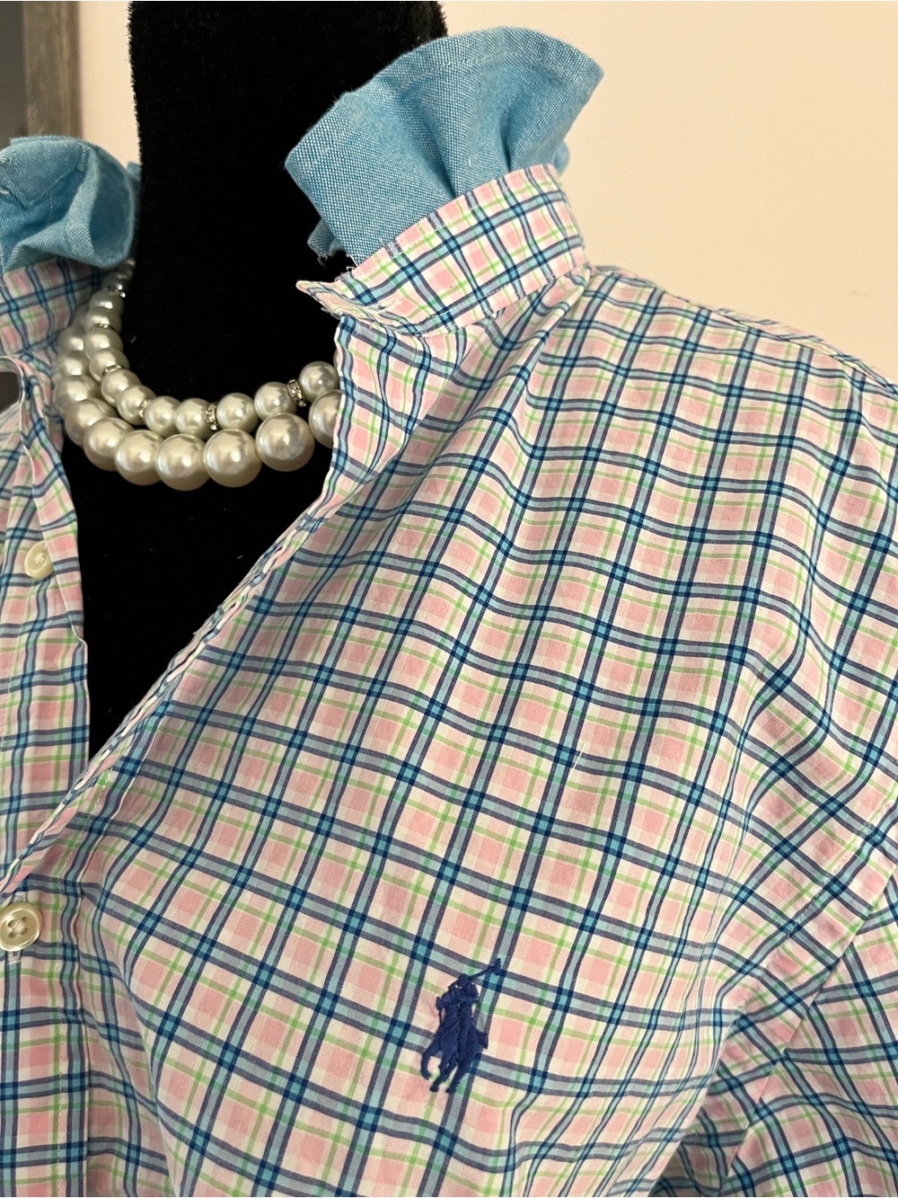 Refashioned Ralph Lauren Pink, Blue & Green Plaid Button-Down Ruffle Collar